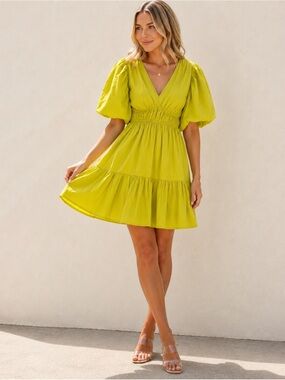 NWT Jopra Lime Green Puff Sleeve Smocked Tiered Mini Dress Size S 100% Cotton